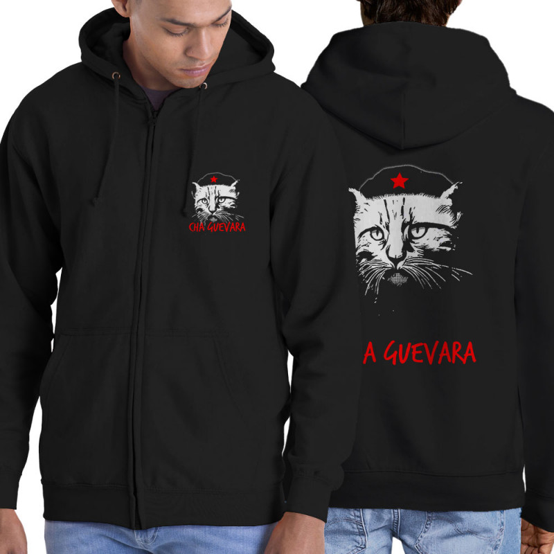Sweat homme à capuche zippé noir Cha Guevara (Animaux,Humour,Chats,Les Bébêtes)