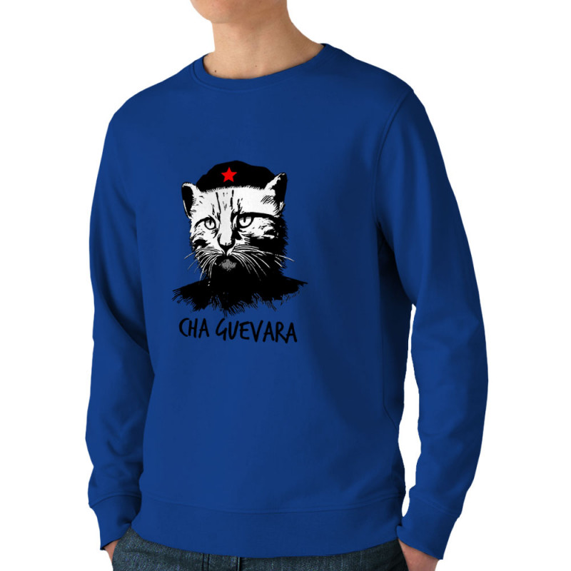 Sweat homme bio col rond bleu royal Cha Guevara (Animaux,Humour,Chats,Les Bébêtes)