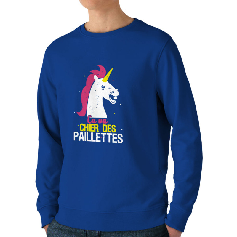 Sweat homme bio col rond bleu royal Ca va chier des paillettes (Animaux,Humour,Amazon,Zewa)