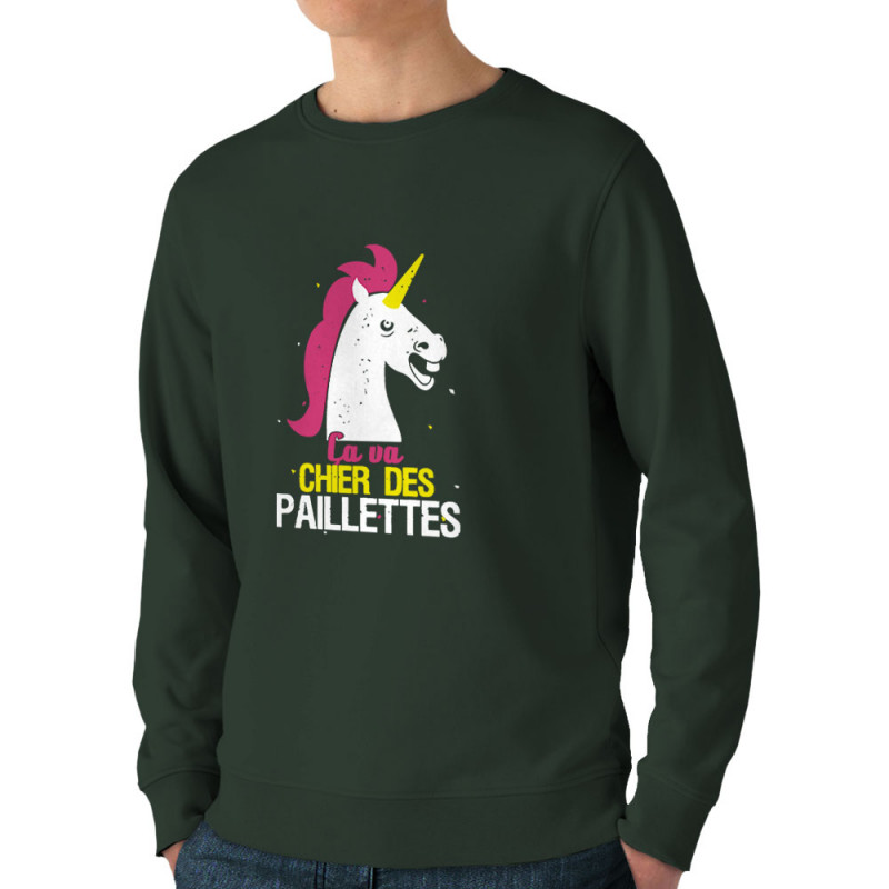 Sweat homme bio col rond vert foncé Ca va chier des paillettes (Animaux,Humour,Amazon,Zewa)