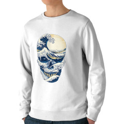 Sweat homme bio col rond blanc Hokusai Wave Skull (Têtes de morts,Amazon,Hokusaï,Musée)