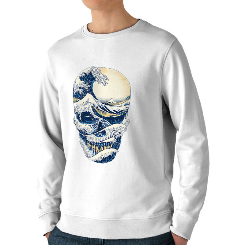 Sweat homme bio col rond blanc Hokusai Wave Skull (Têtes de morts,Amazon,Hokusaï,Musée)