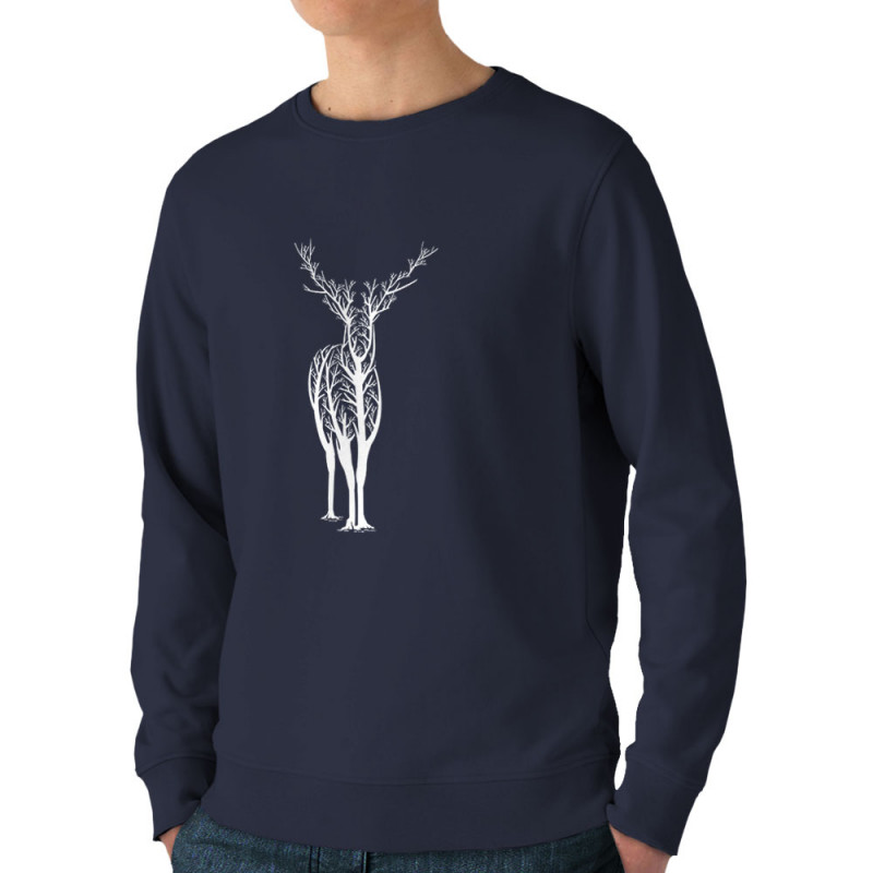 Sweat homme bio col rond bleu marine Deer Trees (Caffein Art,Animaux)