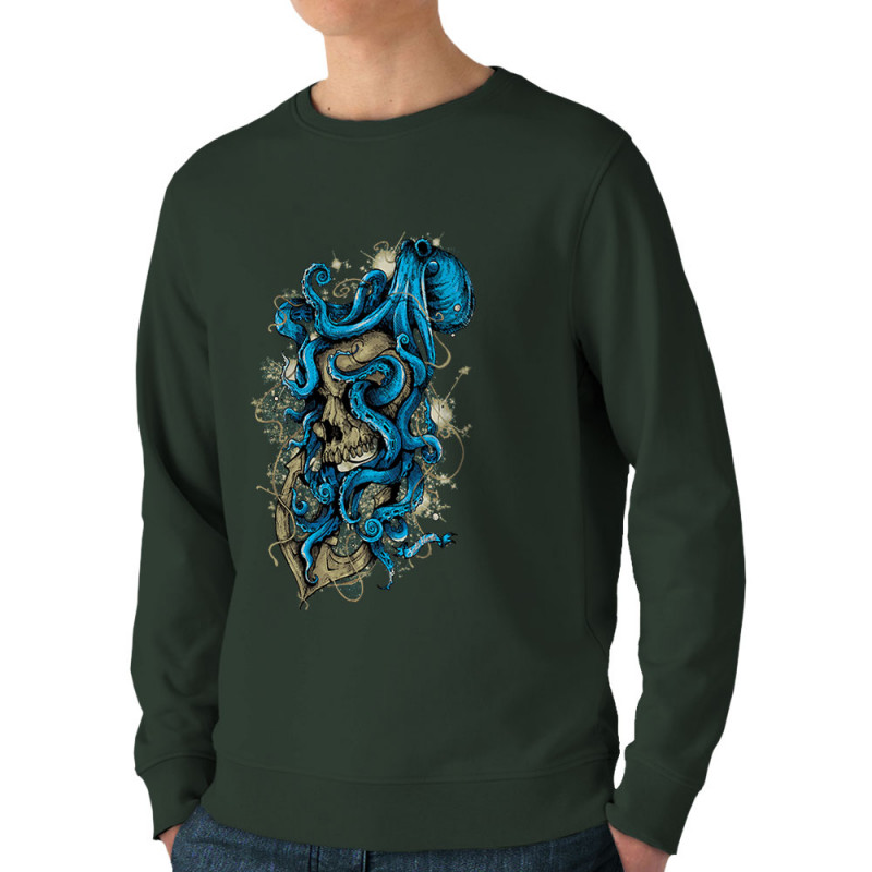 Sweat homme bio col rond vert foncé Santa Muerte - Octopus Skull (Santa Muerte,Têtes de morts,Animaux)