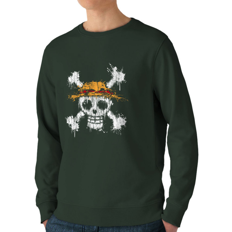 Sweat homme bio col rond vert foncé One Skull (Le Duc,Têtes de morts,Jeux Vidéo / Geek,Manga Kawaï japan,Détournements)