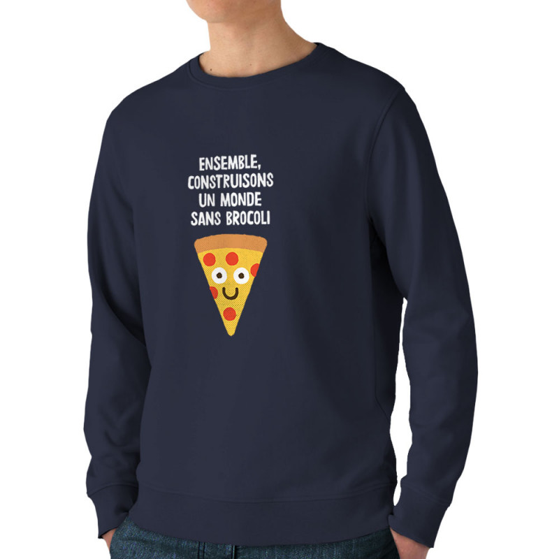 Sweat homme bio col rond bleu marine Construisons un monde sans brocoli (Alex Kidd,Fruits & Légumes,Humour)