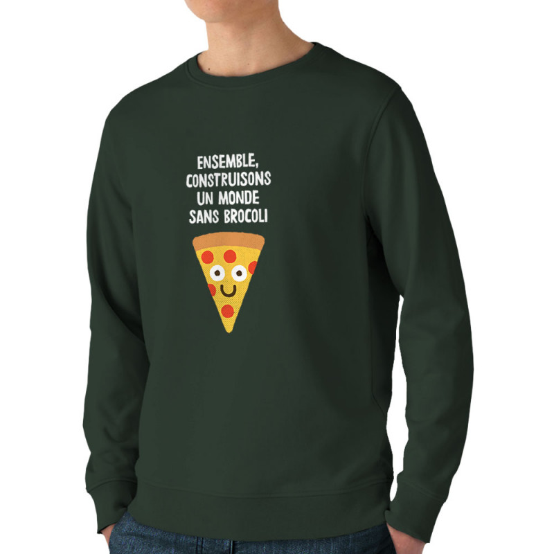 Sweat homme bio col rond vert foncé Construisons un monde sans brocoli (Alex Kidd,Fruits & Légumes,Humour)