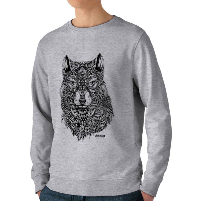 Sweat homme bio col rond gris chiné Bad River - The Wolf (Taïry Greene,Bad River,Animaux)