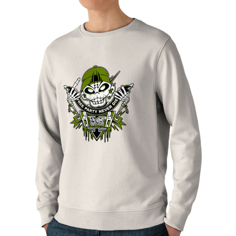 Sweat homme bio col rond naturel Free Party Never Die (E Cone,teufeur)