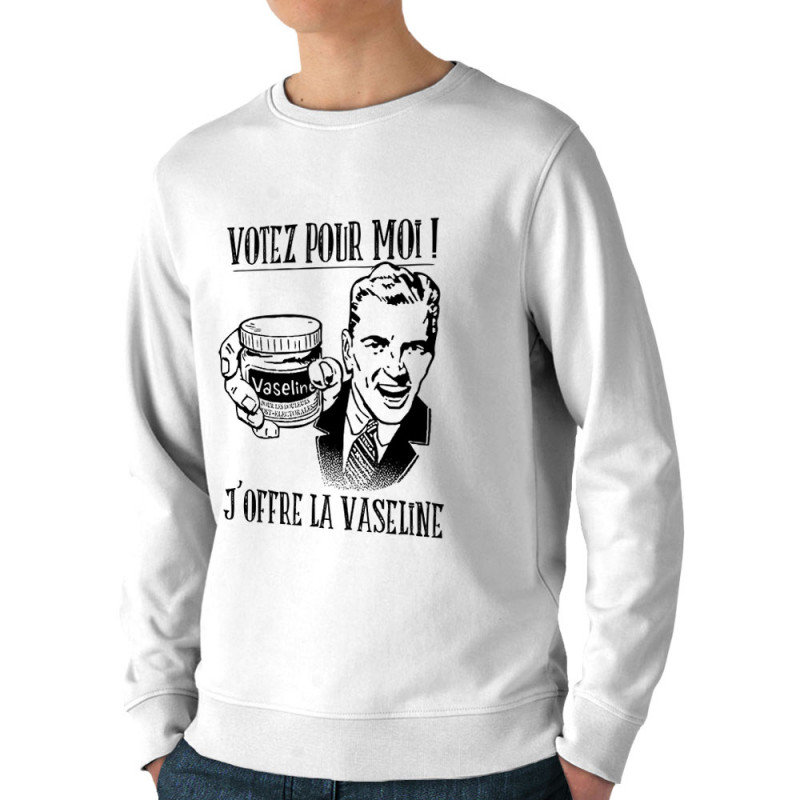 Sweat homme bio col rond blanc Votez pour moi Vaseline (Gondrax,Slogans engagés,Elections)