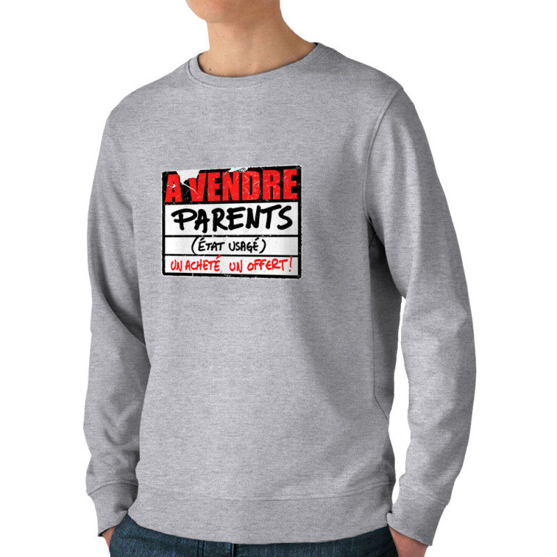 Sweat homme bio col rond gris chiné A vendre parents (Gondrax,Humour)