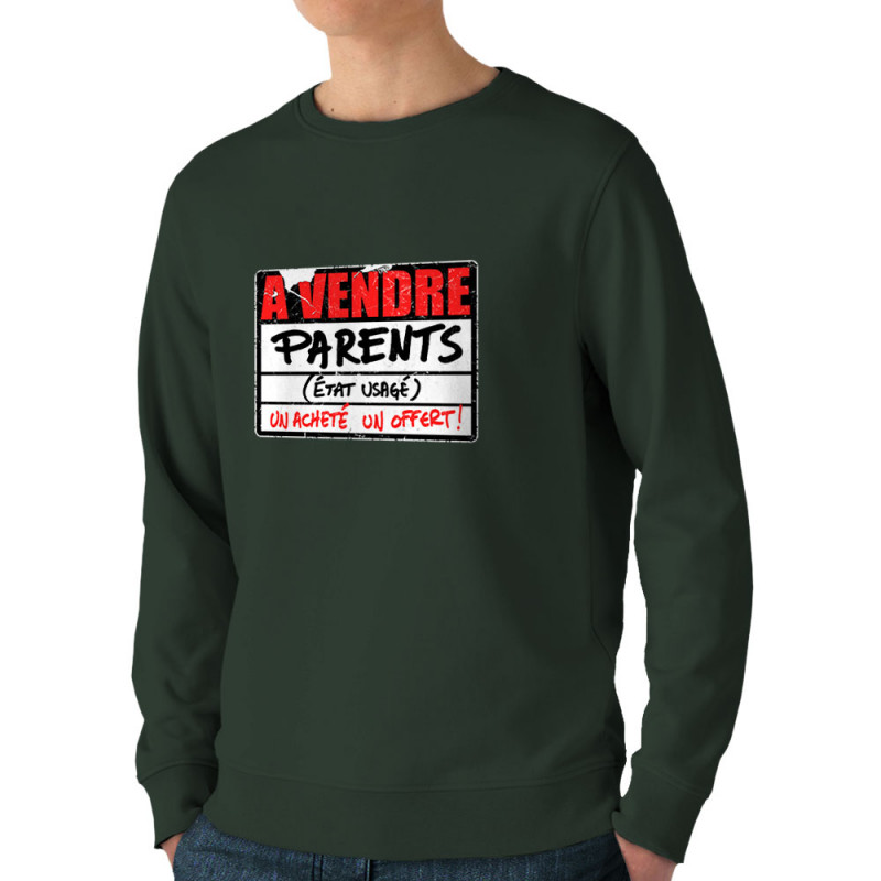 Sweat homme bio col rond vert foncé A vendre parents (Gondrax,Humour)