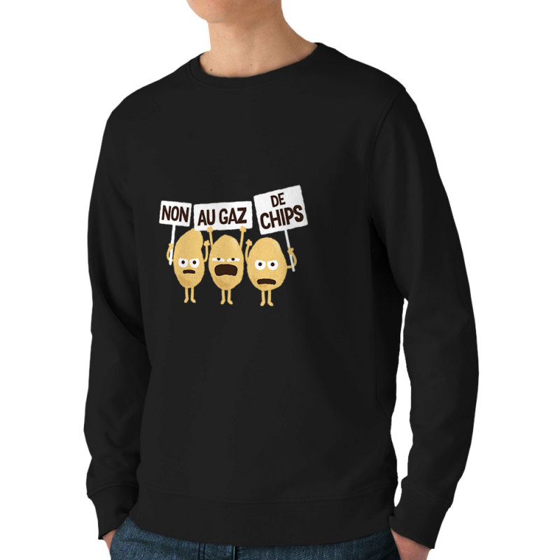 Sweat homme bio col rond noir Non au gaz de chips (Alex Kidd,Humour,Fruits & Légumes)