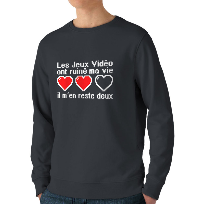 Sweat homme bio col rond gris anthracite Les jeux vidéo ont ruiné ma vie (Humour,Jeux Vidéo / Geek)