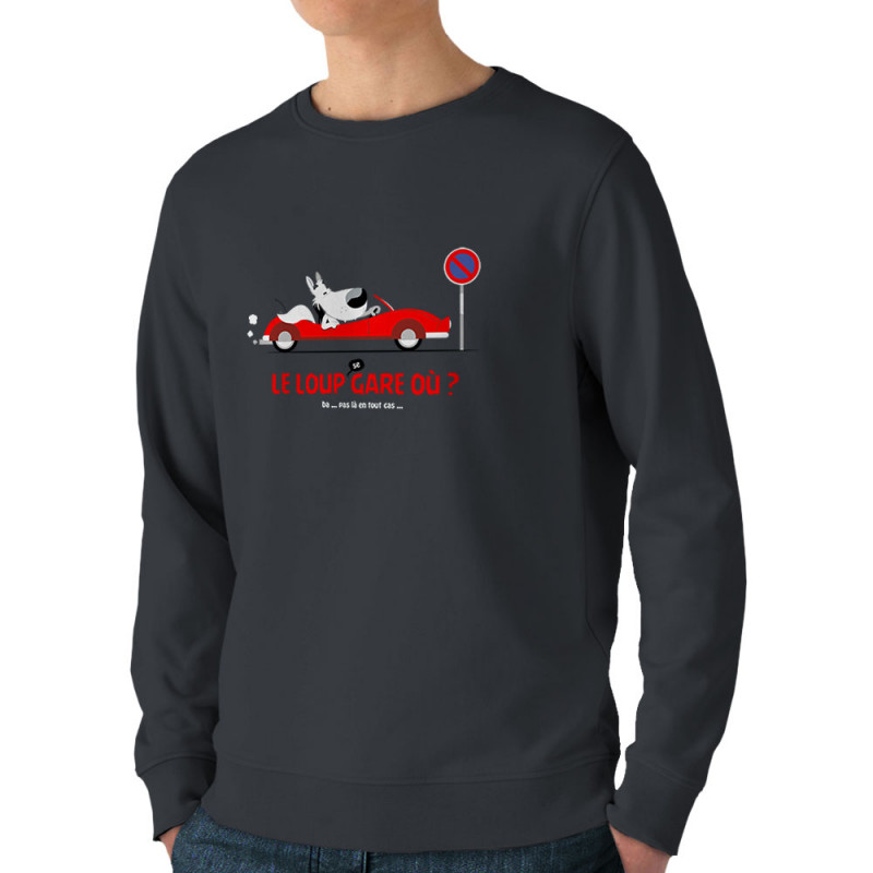 Sweat homme bio col rond gris anthracite Le Loup se gare où (Pandaluna,Animaux,Humour)