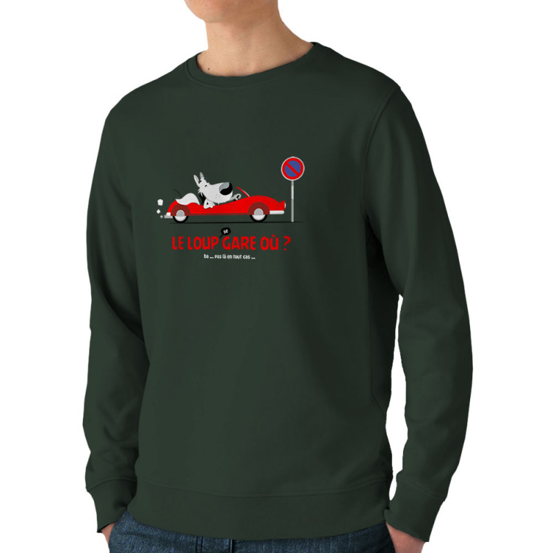 Sweat homme bio col rond vert foncé Le Loup se gare où (Pandaluna,Animaux,Humour)