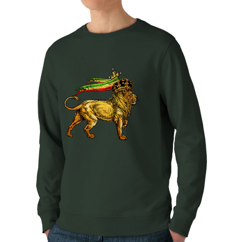 Sweat homme bio col rond vert foncé Rasta Lion (Animaux,Reggae)