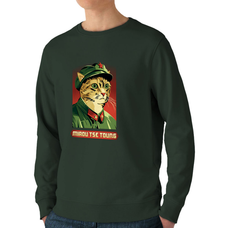 Sweat homme bio col rond vert foncé Miaou Tse Toung (Animaux,Humour,Chats)