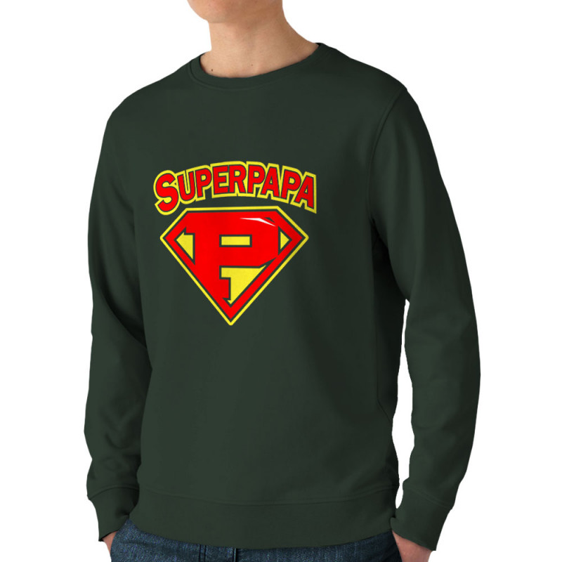 Sweat homme bio col rond vert foncé Super Papa (Gondrax,Slogans Débiles,Humour,Fête des pères,Détournements,Papa Maman Papy Mami