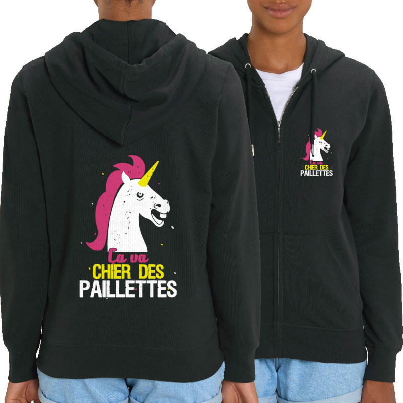 Sweat femme zippé à capuche coton bio noir Ca va chier des paillettes (Animaux,Humour,Amazon,Zewa)