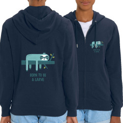Sweat femme zippé à capuche coton bio bleu marine Born to be a Larve (Alex Kidd,Animaux,Humour,Paresse)