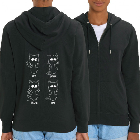 Sweat femme zippé à capuche coton bio noir Un deux trois cat (Le Duc,Humour,Animaux,Des chiffres et des lettres,Chats,Devoirs de