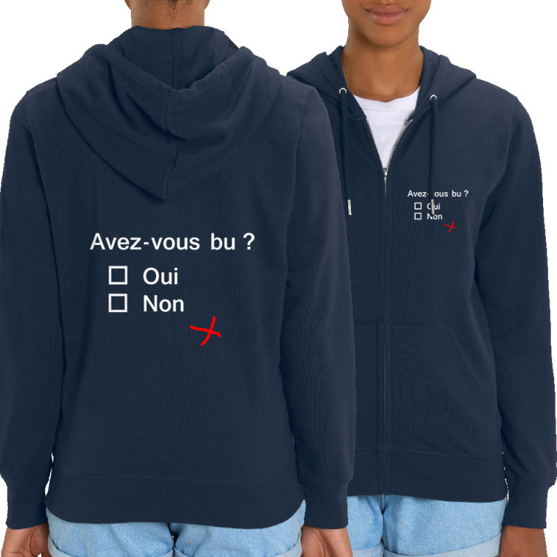 Sweat femme zippé à capuche coton bio bleu marine Avez-vous bu ? (Le Duc,Alcool,Humour,Enfer)