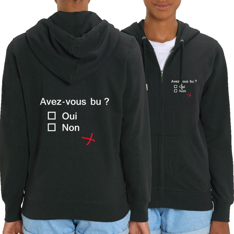 Sweat femme zippé à capuche coton bio noir Avez-vous bu ? (Le Duc,Alcool,Humour,Enfer)