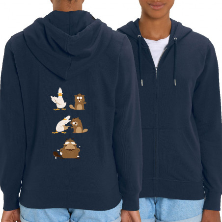 Sweat femme zippé à capuche coton bio bleu marine Fusion (Pandaluna,Animaux,Humour,Manga Kawaï japan)