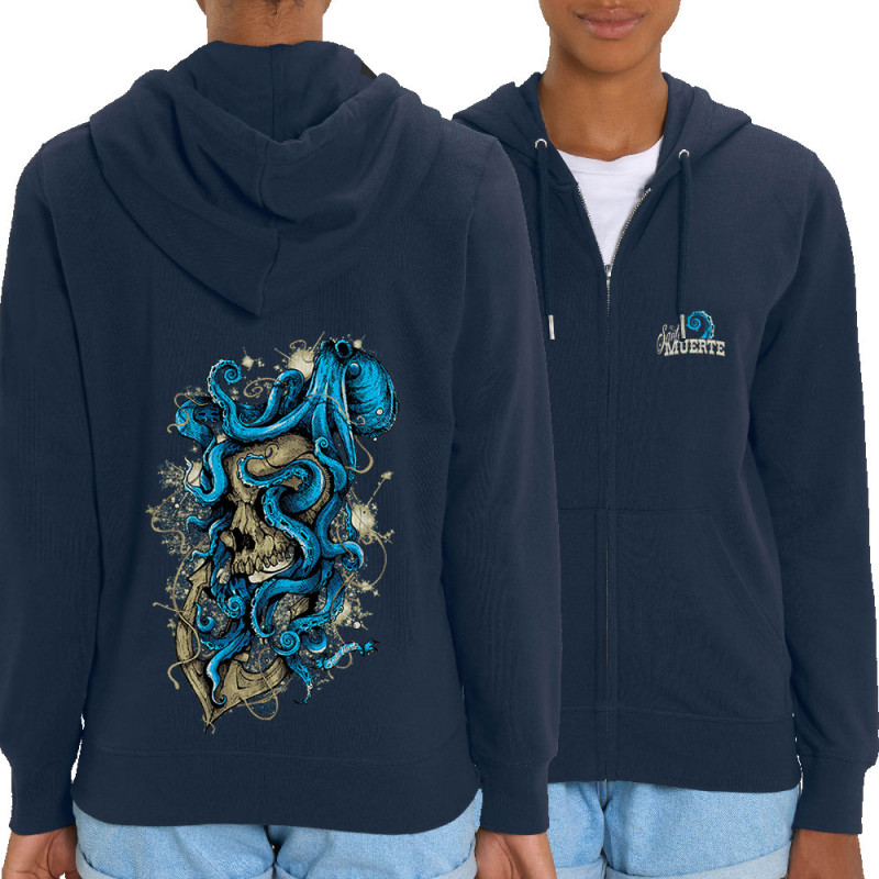 Sweat femme zippé à capuche coton bio bleu marine Santa Muerte - Octopus Skull (Santa Muerte,Têtes de morts,Animaux)