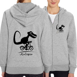 Sweat femme zippé à capuche coton bio gris chiné Vélociraptor (Andy,Humour,Animaux,Vélo)