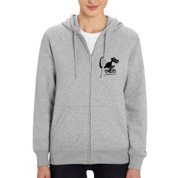 Sweat femme zippé à capuche coton bio gris chiné Vélociraptor (Andy,Humour,Animaux,Vélo)