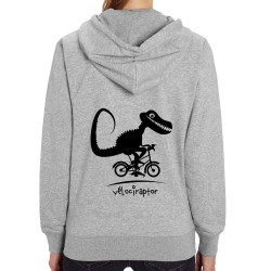 Sweat femme zippé à capuche coton bio gris chiné Vélociraptor (Andy,Humour,Animaux,Vélo)