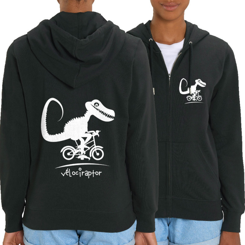 Sweat femme zippé à capuche coton bio noir Vélociraptor (Andy,Humour,Animaux,Vélo)