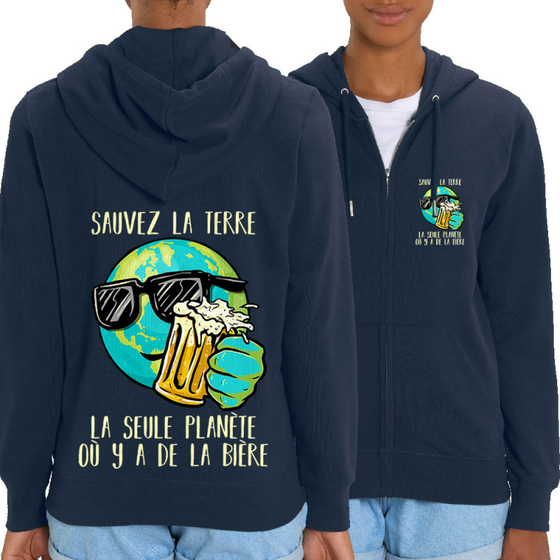 Sweat femme zippé à capuche coton bio bleu marine Sauvez la terre Bière (Gondrax,Alcool,Ecologie,Humour)