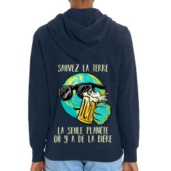 Sweat femme zippé à capuche coton bio bleu marine Sauvez la terre Bière (Gondrax,Alcool,Ecologie,Humour)