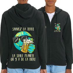 Sweat femme zippé à capuche coton bio noir Sauvez la terre Bière (Gondrax,Alcool,Ecologie,Humour)
