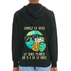 Sweat femme zippé à capuche coton bio noir Sauvez la terre Bière (Gondrax,Alcool,Ecologie,Humour)