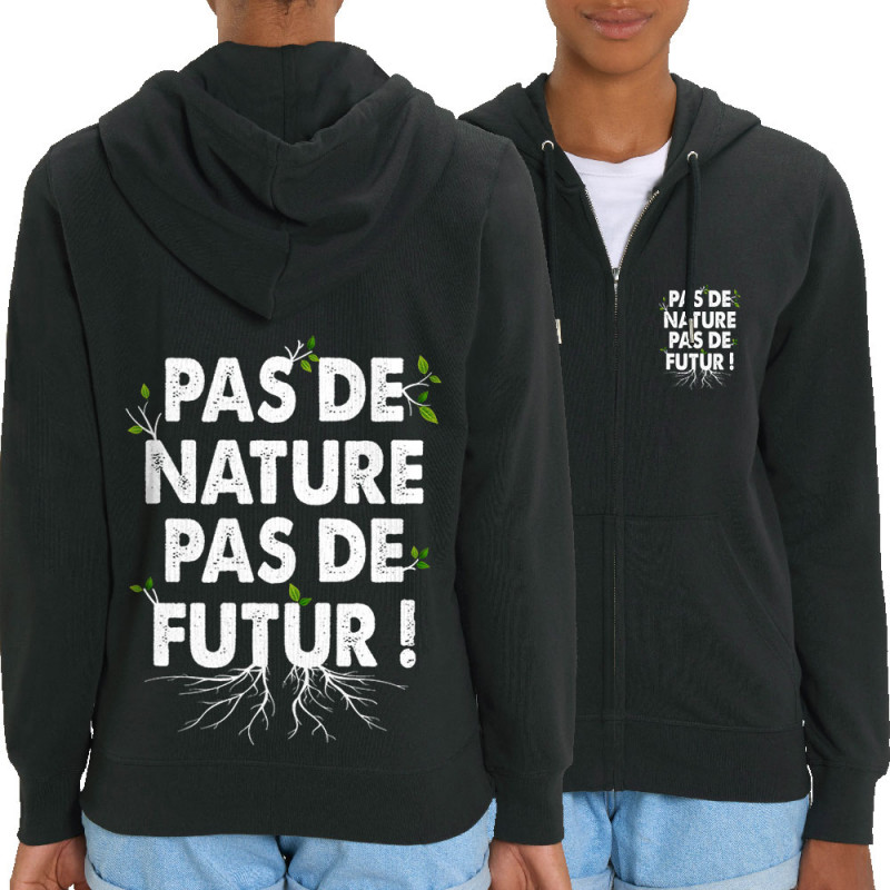 Sweat femme zippé à capuche coton bio noir Pas de nature pas de futur (Gondrax,Slogans engagés,Ecologie)