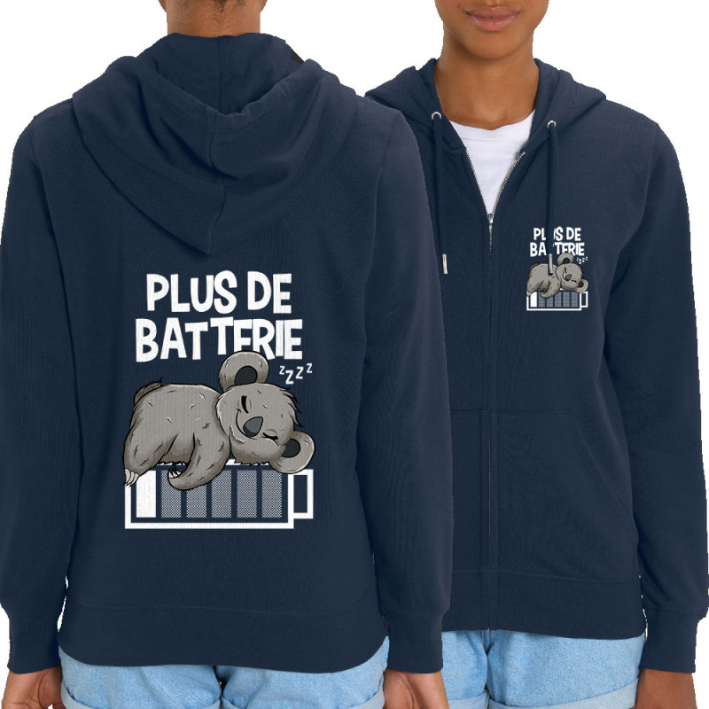 Sweat femme zippé à capuche coton bio bleu marine Plus de batterie koala (Animaux,Humour,Manga Kawaï japan,Bébés,Paresse)
