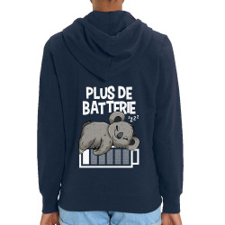 Sweat femme zippé à capuche coton bio bleu marine Plus de batterie koala (Animaux,Humour,Manga Kawaï japan,Bébés,Paresse)