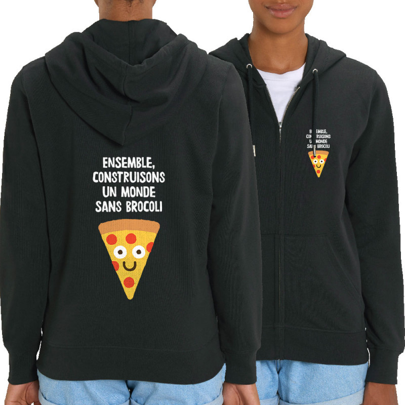 Sweat femme zippé à capuche coton bio noir Construisons un monde sans brocoli (Alex Kidd,Fruits & Légumes,Humour)