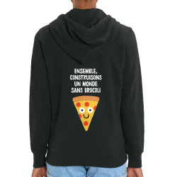 Sweat femme zippé à capuche coton bio noir Construisons un monde sans brocoli (Alex Kidd,Fruits & Légumes,Humour)