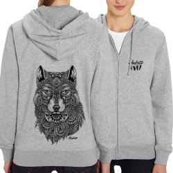 Sweat femme zippé à capuche coton bio gris chiné Bad River - The Wolf (Taïry Greene,Bad River,Animaux)
