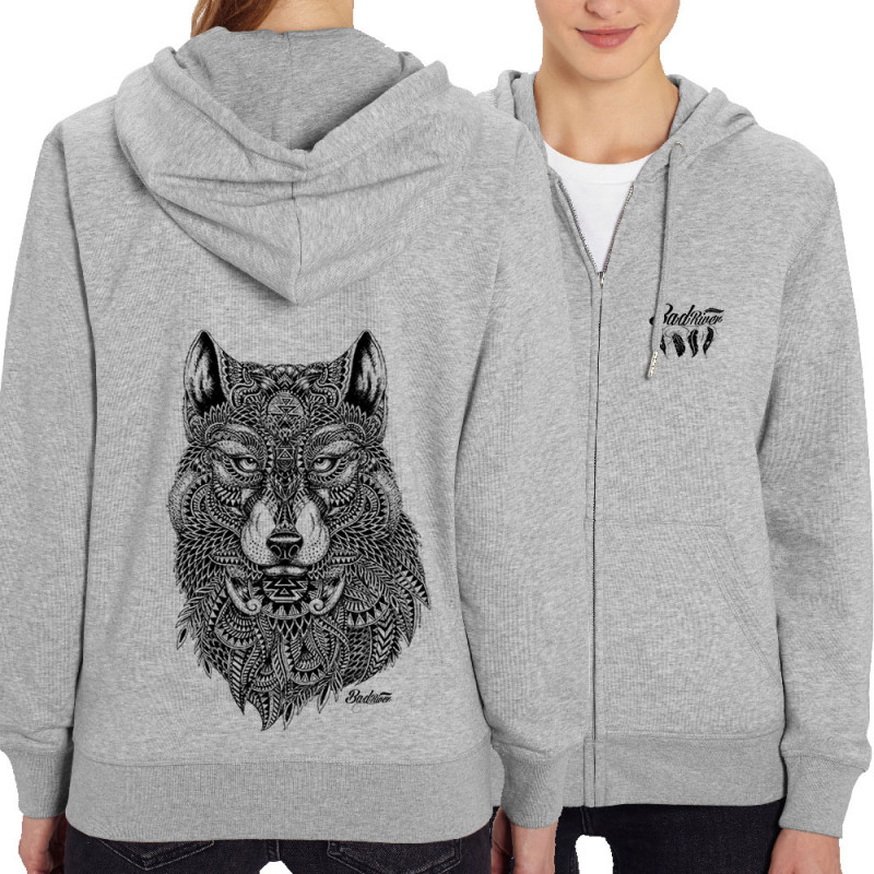 Sweat femme zippé à capuche coton bio gris chiné Bad River - The Wolf (Taïry Greene,Bad River,Animaux)
