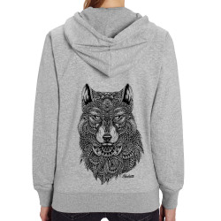 Sweat femme zippé à capuche coton bio gris chiné Bad River - The Wolf (Taïry Greene,Bad River,Animaux)