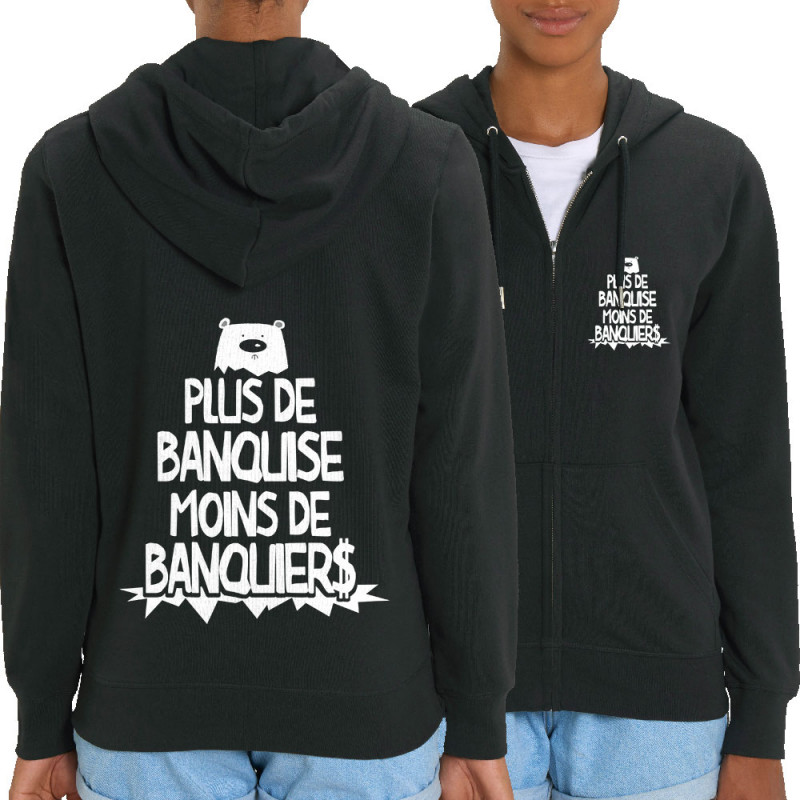 Sweat femme zippé à capuche coton bio noir Plus de banquise (Gondrax,Slogans engagés,Ecologie)