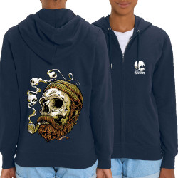 Sweat femme zippé à capuche coton bio bleu marine Santa Muerte - Smoking Skull (Santa Muerte,Têtes de morts)