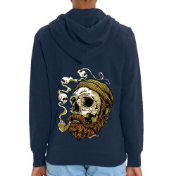 Sweat femme zippé à capuche coton bio bleu marine Santa Muerte - Smoking Skull (Santa Muerte,Têtes de morts)