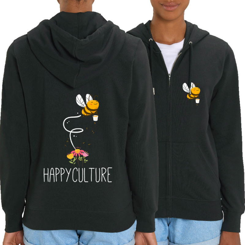 Sweat femme zippé à capuche coton bio noir Happyculture (Andy,Animaux)